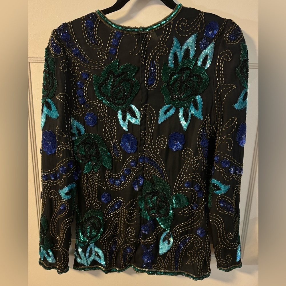 VTG Scala Beaded Silk Blouse Long Sleeve Elegant Party Sparkle Top Blue Purple - Picture 11 of 16